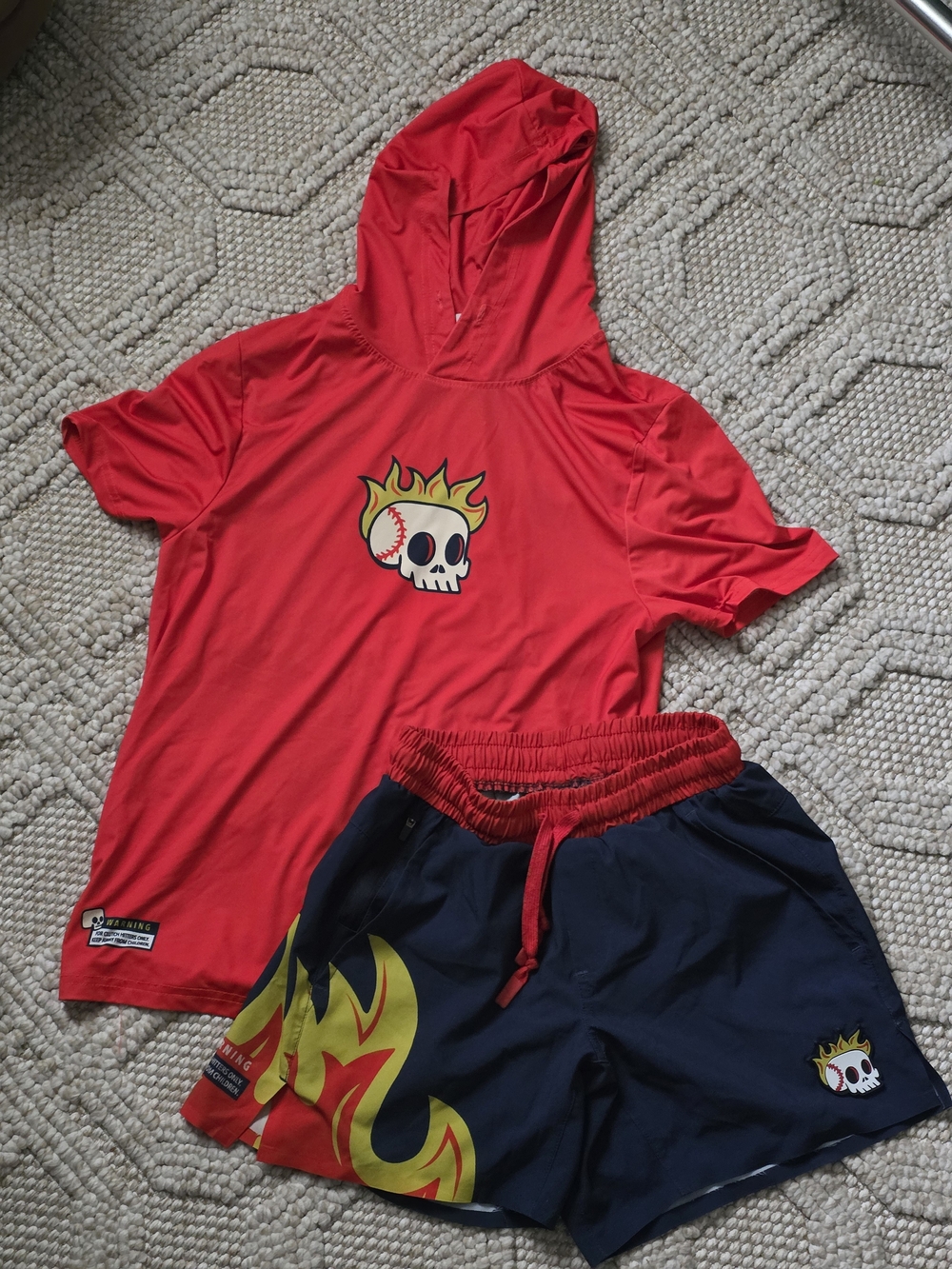 Red Baseball Skull Flame Hoodie & Navy Flame Shorts Set From Plate Crate - Y -L